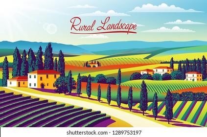 Rural landscape with farms, meadows, fields, trees, forests, mountains in the background. Handmade drawing vector illustration. Flat design. Can be used for making banners, posters, advertising, etc.