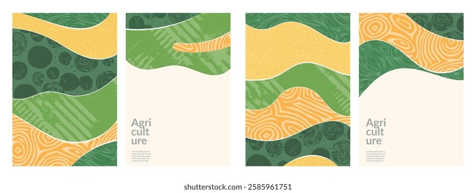 Rural landscape with field of corn rice and potatoes. Geometric green pattern, agriculture, organic farming, nature, textured countryside map. Minimal brochure poster, peaceful abstract illustration