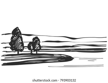 Rural landscape field in graphical style. Minimalistic sketch