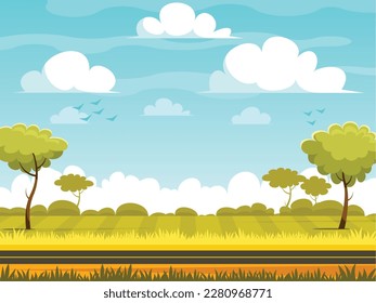 Rural landscape with field and grass. Green area with blue sky and clouds. Rural road on the background of an field. Cartoon vector graphics