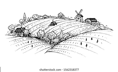Rural landscape field and hills hand drawn illustration. Doodle sketch. Vector illustration.