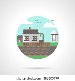 Rural landscape with field and house. Agriculture and farming. Spring village. Single detailed flat color style vector icon. Web design elements for business, site, mobile app. 