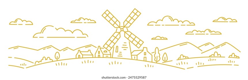 Rural landscape field with a mill. Vector line. Editable outline stroke.
