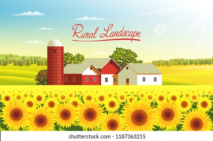 Rural landscape with a field of sunflowers, farm, fields, meadows and forests in the background. Handmade drawing vector illustration. All objects are grouped and divided into layers.