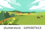Rural landscape with field, trees, grass and cows. Ecologically clean area with blue sky and clouds. Village in the summer. Vector stock flat style illustration or background for eco products, banner.