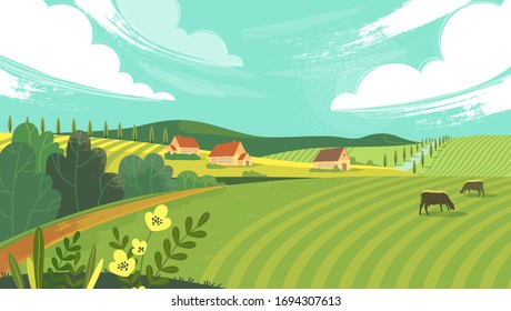 Rural landscape with field, trees, grass and cows. Ecologically clean area with blue sky and clouds. Village in the summer. Vector stock flat style illustration or background for eco products, banner.