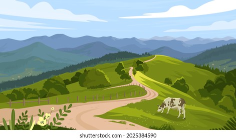Rural landscape with field, trees, grass and cow. Ecologically clean area with blue sky, mountains. Village in the summer. Vector stock flat style illustration or background for eco products, banner.