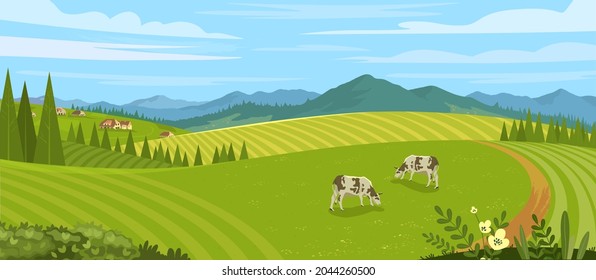 Rural landscape with field, trees, grass and cows. Ecologically clean area with blue sky and clouds. Village in the summer. Vector stock flat style illustration or background for eco products, banner.