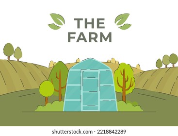 Rural landscape with field, trees, grass and greenhouse.