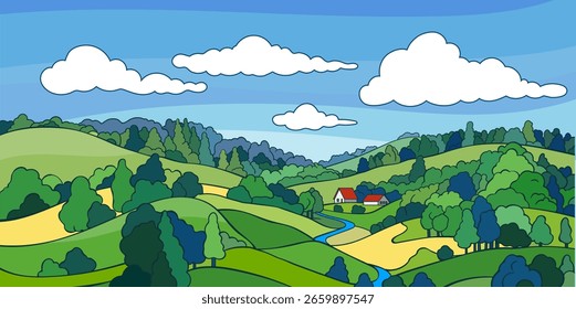 Paisaje rural con campo, árboles, hierba. Pueblo en el verano. Ilustración de estilo plano de Vector
