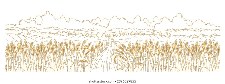 Rural landscape field with a village countryside road. Wheat spikelet in the foreground. Vector line. Editable outline stroke.