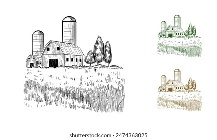 Rural landscape field wheat in graphical style. Hand drawn and converted to vector Illustration.