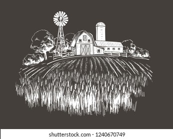 Rural landscape field wheat, Old Barn, house, trees, windmills, animals, cows, silage tower forest panorama. chalk drawing on the blackboard vector illustration Countryside