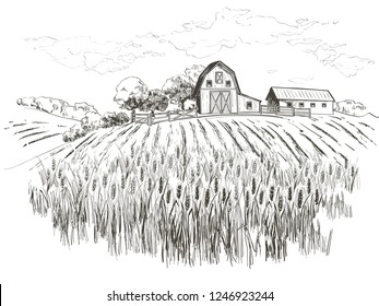 Rural landscape field wheat, Old Barn, house, trees, windmills, animals, cows, silage tower, plants, fences and other elements, forest panorama. Hand drawn vector Countryside engraving