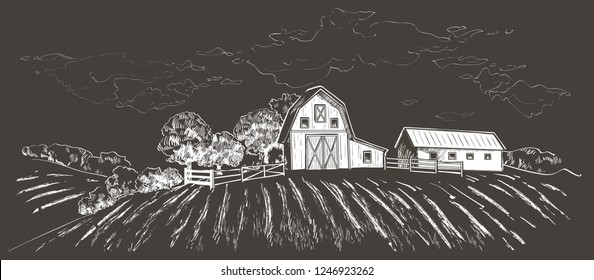 Rural landscape with field wheat, Old Barn, house, trees, windmills, animals, cows, silage tower forest panorama. chalk drawing on the blackboard vector illustration Countryside