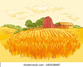 Rural landscape field of wheat with old barn, house, trees, windmills. Vector watercolor illustration.