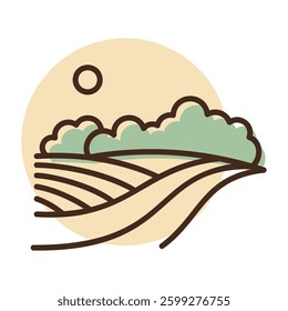 Rural landscape field wheat, trees, plants, forest panorama vector icon. Nature sign. Graph symbol for travel and tourism web site and apps design, logo, app, UI
