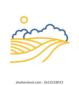 Rural landscape field wheat, trees, plants, forest panorama vector icon. Nature sign. Graph symbol for travel and tourism web site and apps design, logo, app, UI