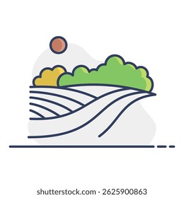 Campo de paisaje rural trigo, árboles, plantas, panorama forestal icono de Vector. Signo de Naturaleza. Símbolo del gráfico para el diseño del Sitio web y de los App del viaje y del turismo, logotipo, App, UI