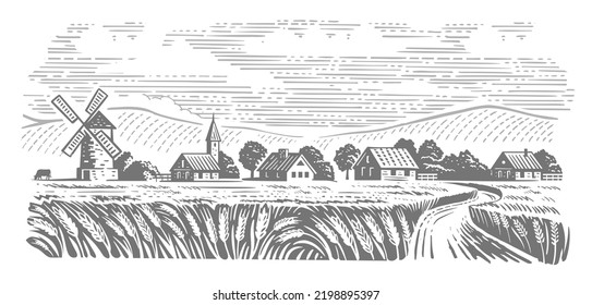 Rural landscape field wheat vector. Retro village and hill