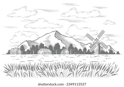 Rural landscape field wheat. Vintage meadow with high mountains and clouds, village vintage sketch. Hand drawn farm land vector illustration