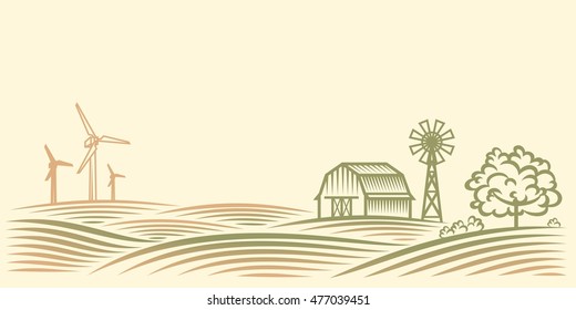 Rural Landscape With Fields, Barn, Trees And Wind Turbine. American Farm