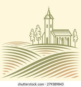 Rural landscape with fields and Catholic temple