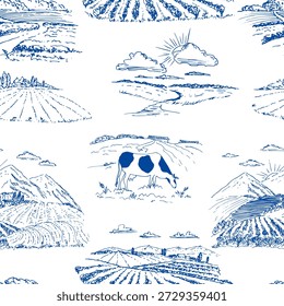Paisagem rural com campos, vaca, padrão de toile azul.