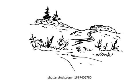 Rural landscape with fields and herbs. Linear drawing. Vector illustration.