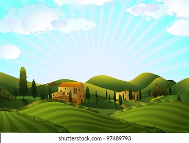 Rural landscape with fields and hills