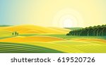 Rural landscape. Fields and hills at dawn.