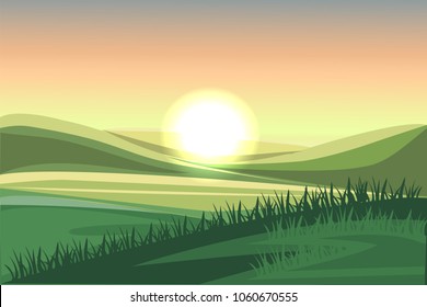 Rural landscape. Fields and hills at dawn. Summer mountain rural landscape. Illustration of nature with summer hills, fields, grass, and sunrise/dawn.