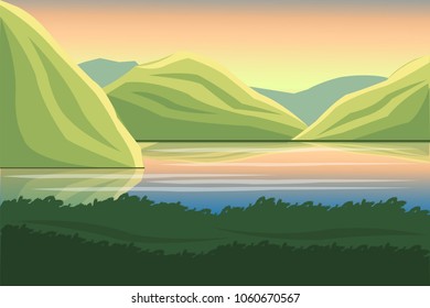 Rural landscape. Fields and hills at dawn. Summer mountain rural landscape. Illustration of nature with summer hill, mountains, river, sea, and sunrise/dawn.