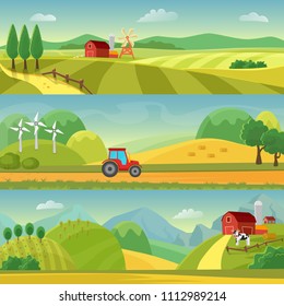 Rural landscape with fields and hills and with a farm. Agriculture and Agribusiness Farming. Rural landscape templates. Vector design for infographic and web.