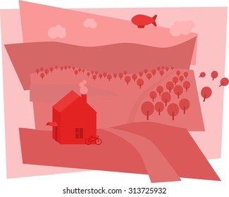 Rural landscape with fields and hills. Flat design