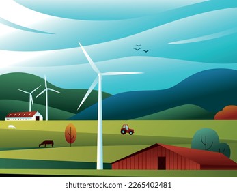 Rural landscape with fields, hills, tractor, wind turbine and barn, panorama view. Vector illustration of countryside, villages. Green energy concept. Organic farm, clean electric energy 