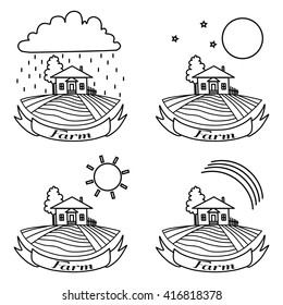 Rural landscape with fields, house and tree. Day, night, rainbow, rain agriculture Landscape. American Farm hand drawn vector sketch. Engraving illustration. For travel ads, brochures, labels