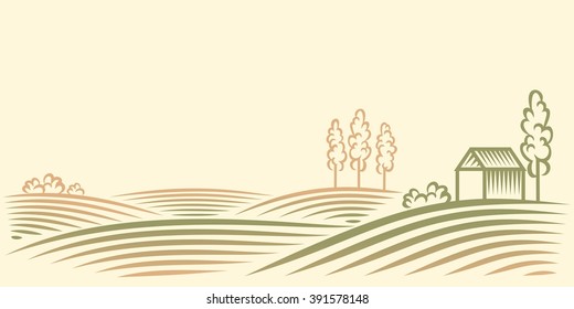 Rural landscape with fields, house and trees