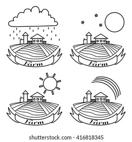 Rural landscape with fields and houses. Day, night, rainbow, rain agriculture Landscape. American Farm hand drawn vector sketch. Engraving illustration. For bakery and travel ads, brochures, labels