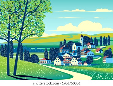 Rural landscape with fields, meadows, village, trees and hills in the background. Handmade drawing vector illustration. Minimalism style poster.