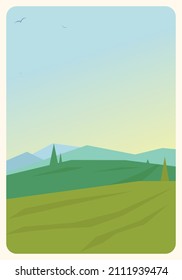 Rural landscape with fields and mountains in sunny daywith vineyards, fields, meadows on the background. Blue sky and green hills poster. Art Deco style vector illustration. 