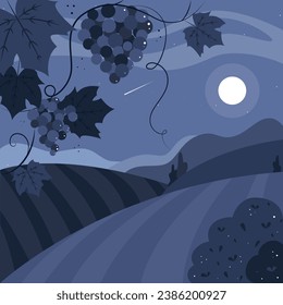 Rural landscape with fields, night landscape, vineyard, planting grapes, wine, winemaking, winery, outdoor recreation, countryside