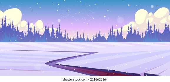 Rural landscape with fields, road and coniferous forest in winter. Vector cartoon illustration of countryside with path in snow and trees silhouettes on horizon
