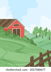 Rural landscape with fields, trees, grass, and barn. Ecologically clean area with blue sky and clouds. Village in the summer. Background for eco farm products.