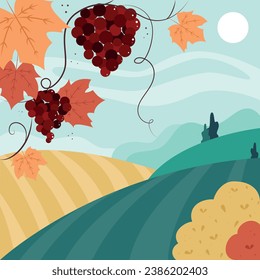 Rural landscape with fields, vineyard, planting grapes, wine, winemaking, winery, outdoor recreation, countryside