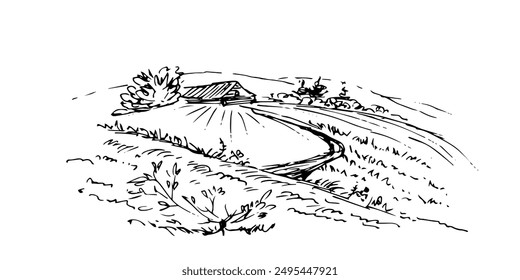 Rural landscape with fields, vineyards.