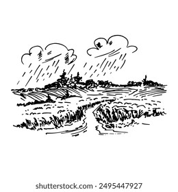 Rural landscape with fields, vineyards.