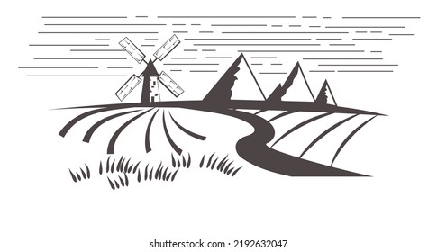 Rural landscape with a fields and a windmill. Monochrome vector.