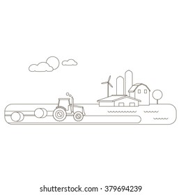 Rural landscape with fields/tractor/farm. Outline vector illustration rural landscape. Harvesting in the field.Vector rural illustration in linear style.Outline  graphic concept  landscape design.
