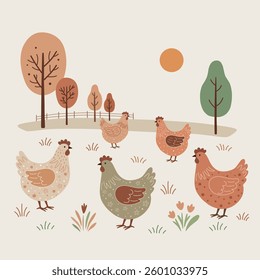 Rural landscape.  Floral pattern with cute cartoon colorful chickens  on white background